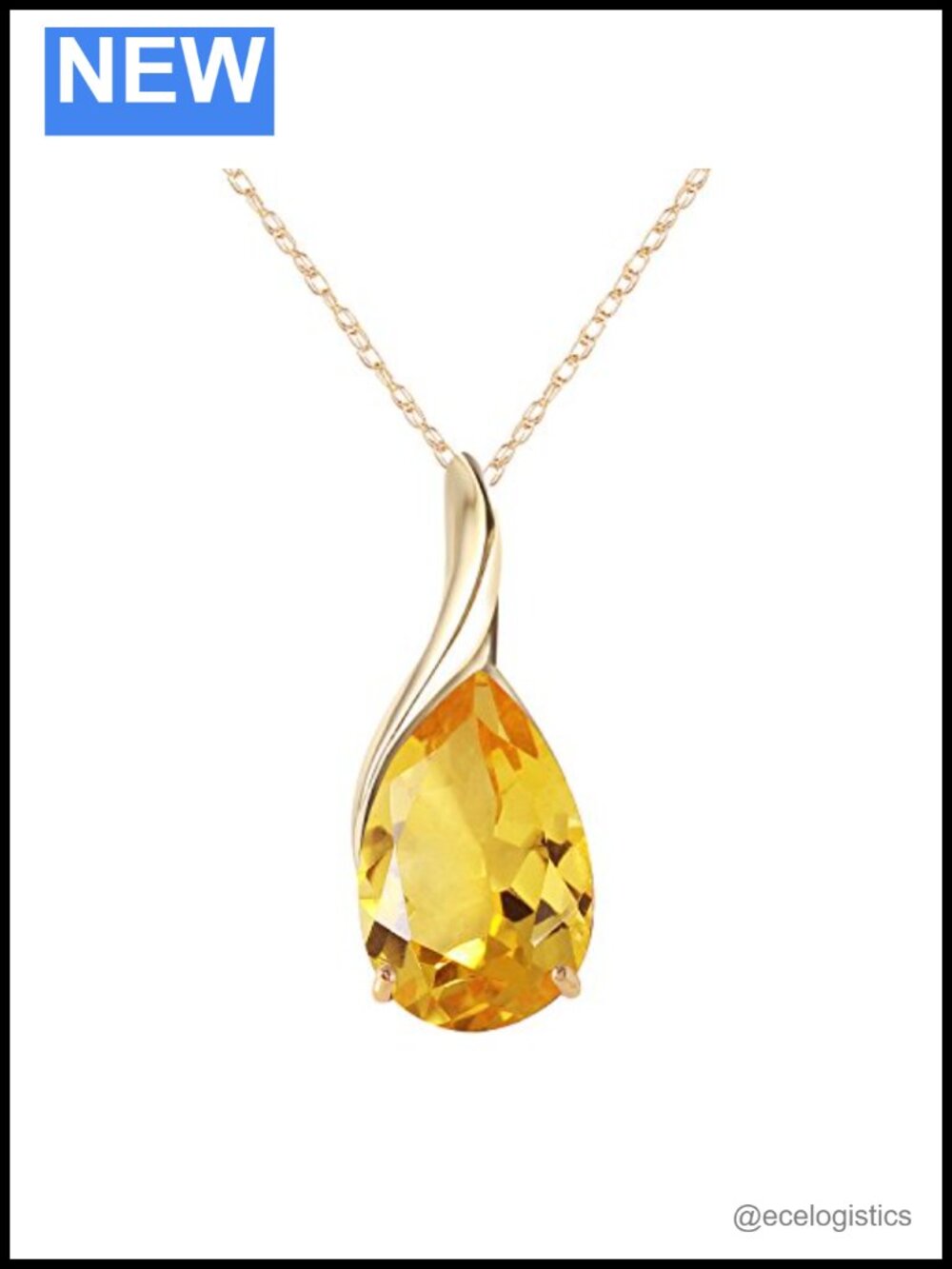 14K Solid Gold 5ct Citrine Pear Pendant Necklace